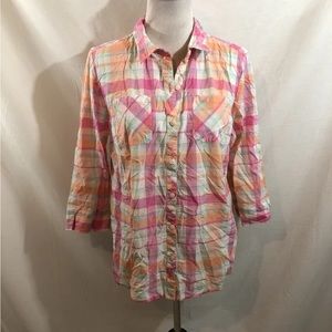 Studio Works Pink, Multi Colored Plaid 3/4 Sleeve Button Up - Women’s L